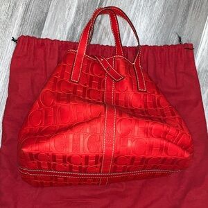 Carolina Herrera Bright Red Embossed HCHC Tote with Double Handles
